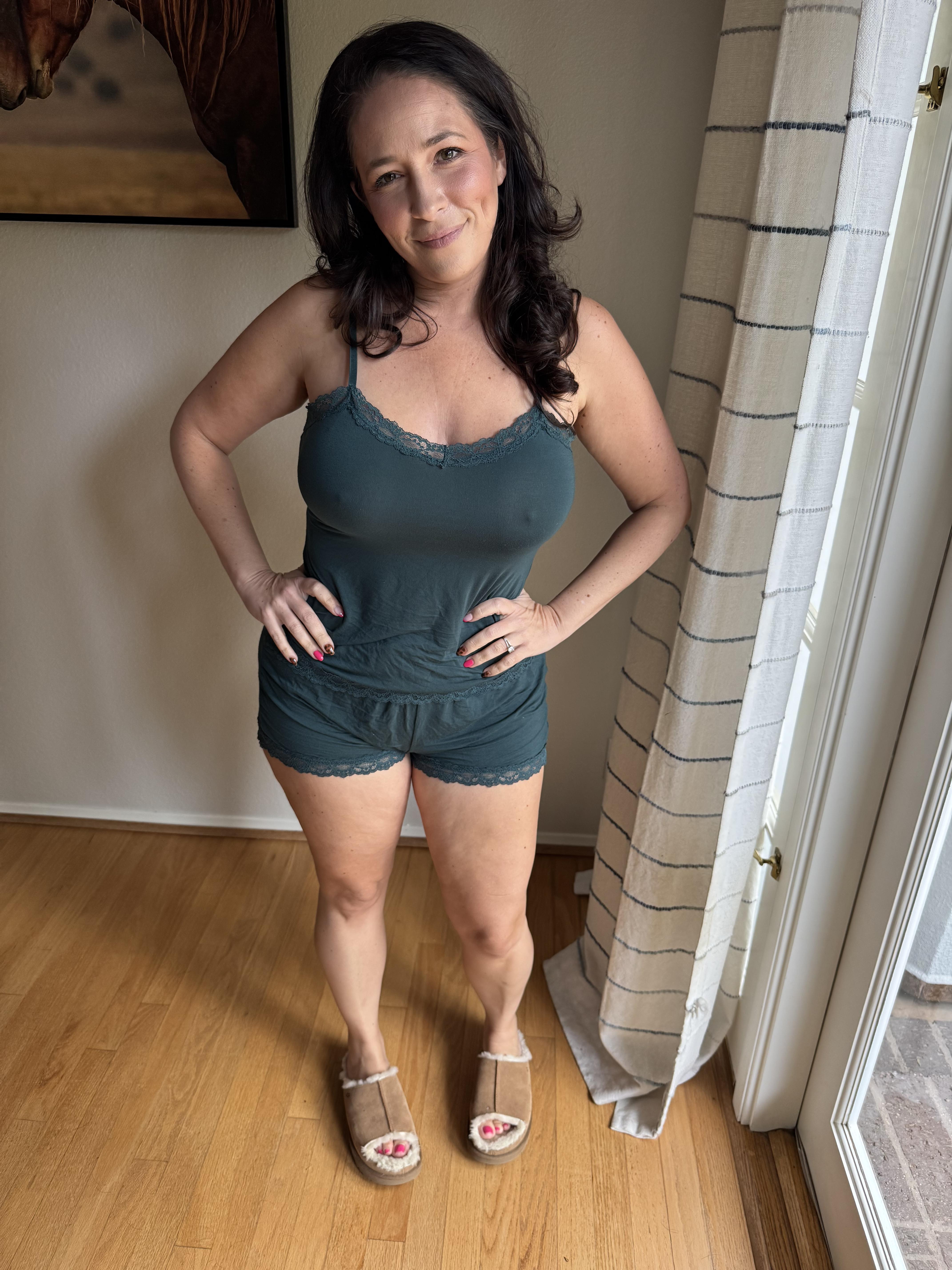 My husband loves when I wear this sheer PJ set when his friends are over